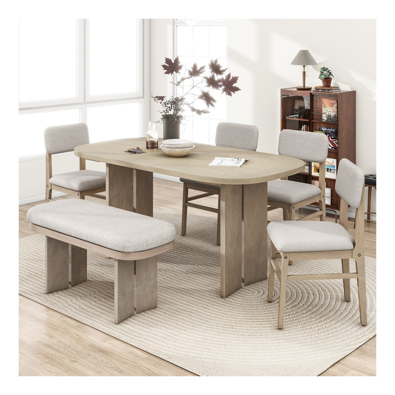 Ensemble de table de salle à manger en bois massif avec banc - Ensemble de table de salle à manger rembourré 6 pièces avec banc, mobilier de cuisine de ferme moderne bicolore pour les réunions de famille