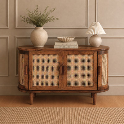 Solid Mango Wood Sideboard Buffet Cabinet With Cane Doors – Light Oak Finish Storage Cabinet, No Veneer Wooden Credenza Console Table, Fully Assembled With Legs To Attach, Mid Century Modern Furniture