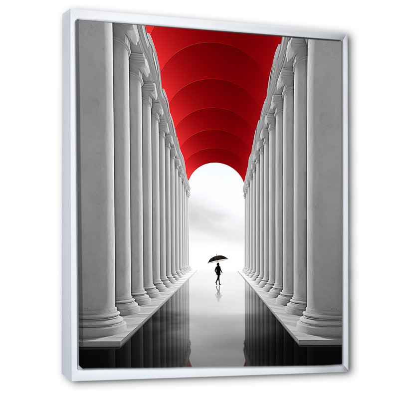 «The Red Umbrella Minimal Architecture», reproduction d'art sur toile, Cadre flottant blanc, H 40 po x l 30 po x P 1,5 po