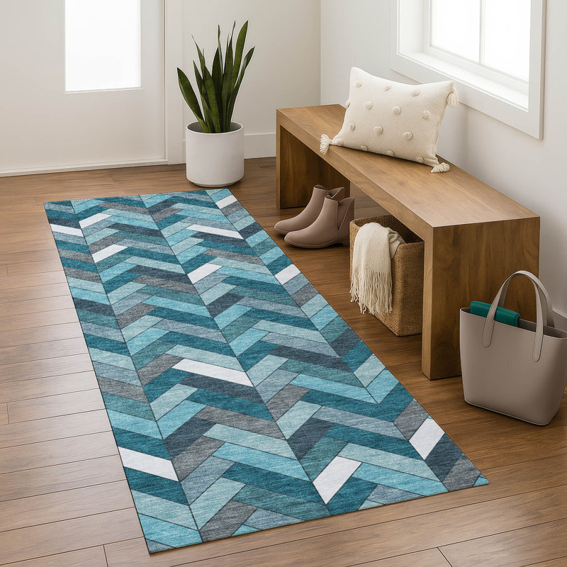 Premium Machine Washable Mayfield AMF2296 Geometric Rug, Teal, 2'3" x 7'6" Runner