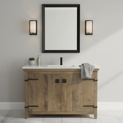 48" Two Door, Single Vanity In Natural Wood Finish And White Marble Top