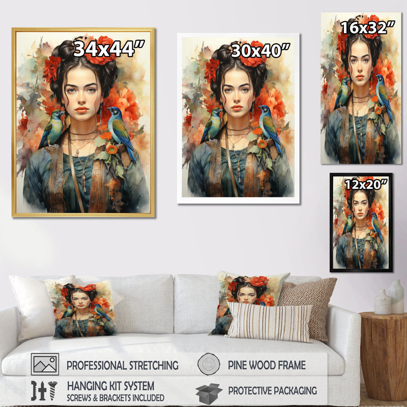 «Lynnete Coral Teal Mexico Art Selfportrait» avec - reproduction, H 32 po x l 24 po x P 1 po, Toile tendue