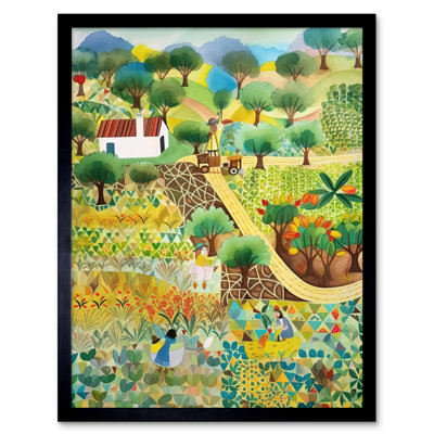 Farmhouse Field Folk Art Watercolour Painting Artwork Framed Wall Art Print 9X7 Inch