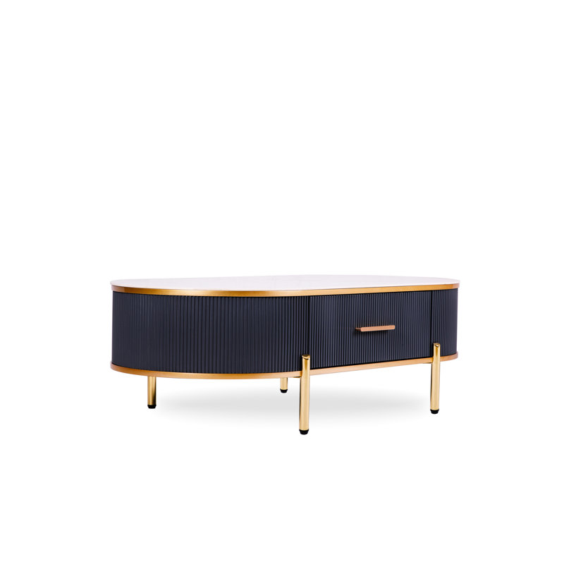 Table basse sophistiquée avec plateau blanc mat en pierre frittée gris foncé, détails de garniture dorée, élément de tiroir pratique, structure en bois massif, pieds en acier inoxydable, cadre en tache de chaleur
