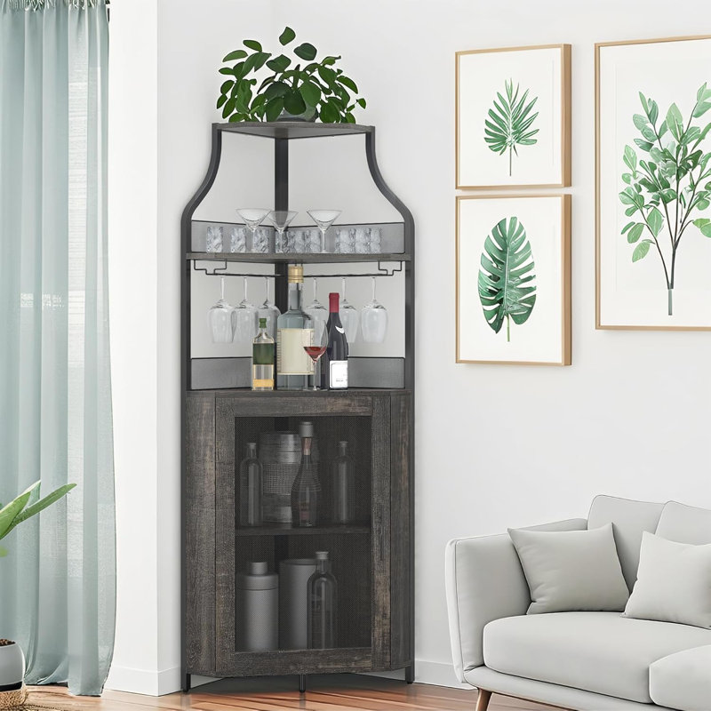 Bar rustique à 5 niveaux avec porte verrouillable, support en verre et tablettes réglables pour la salle à manger, Gris foncé