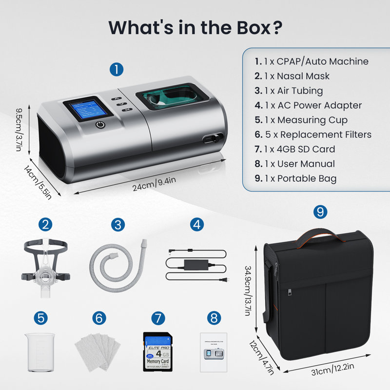 Home Machine à un niveau automatique c-paps portable avec réglages automatiques et manuels pour l'apnée du sommeil, accessoires complets, sac de voyage, masque respiratoire (M), 2 modes