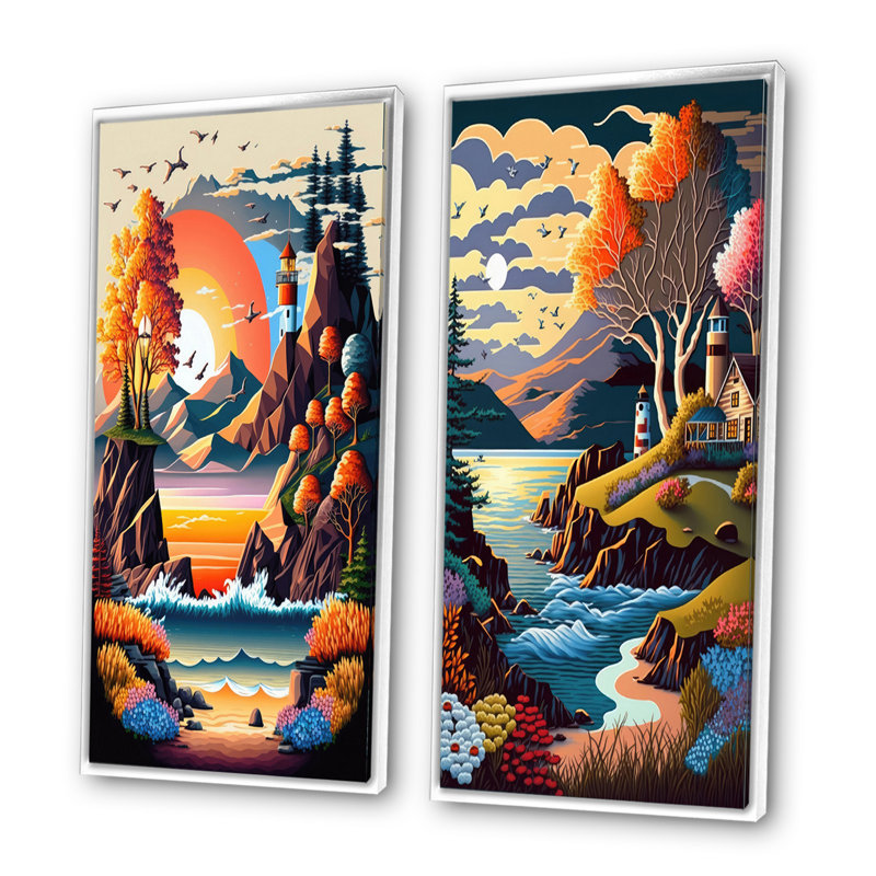 «Sunset In Modern Vector Style», 2 pièces sur toile, Cadre blanc, H 40 po x l 40 po