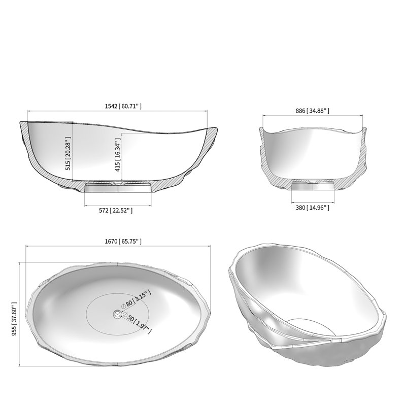 Baignoire de trempage autoportante en résine semi-transparente ondulée 67 po. X 37,6 po. Casainc