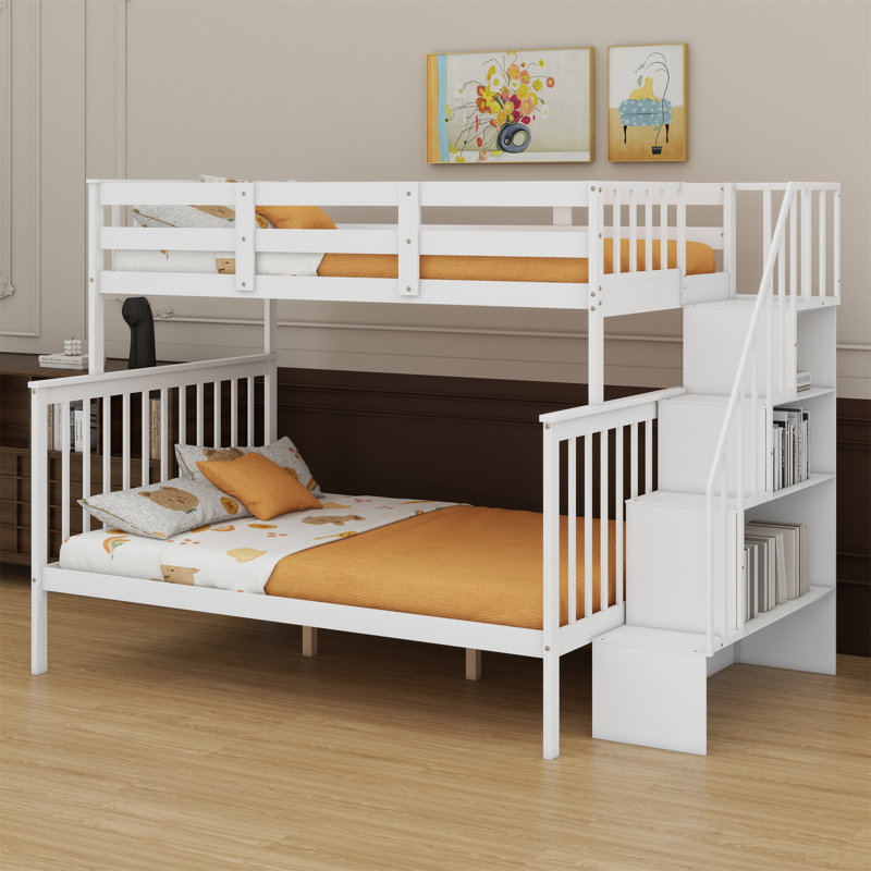 Bunk Bed With Storage Stairway And Guard Rail For Bedroom, White