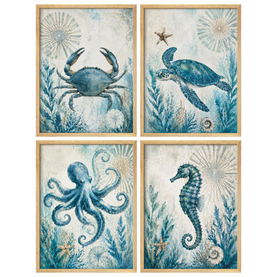 Ocean Marine Life Crab Turtle Octopus Seahorse Minimal Blue Underwater Sea Animals Framed Wall Art Prints Set of 4 - Bathroom, coastal bathroom, nursery or beach house decor