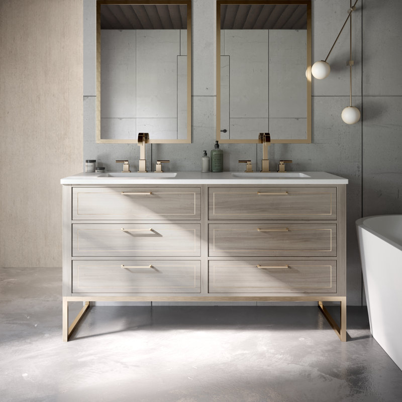 Markham 60'' W Double Vanity, Cashmere Gray, Carrara Marble, Satin Brass
