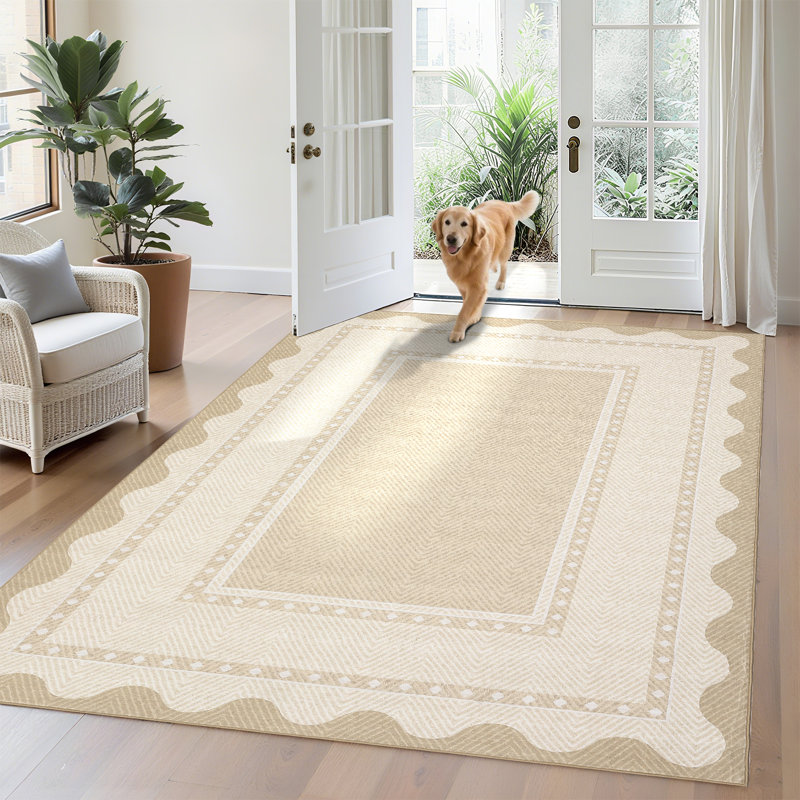 Washable Scalloped Area Rugs Living Room Rug Non Slip Stain-Resistant Rug for Bedroom Dining Room Home Office Linen, Beige