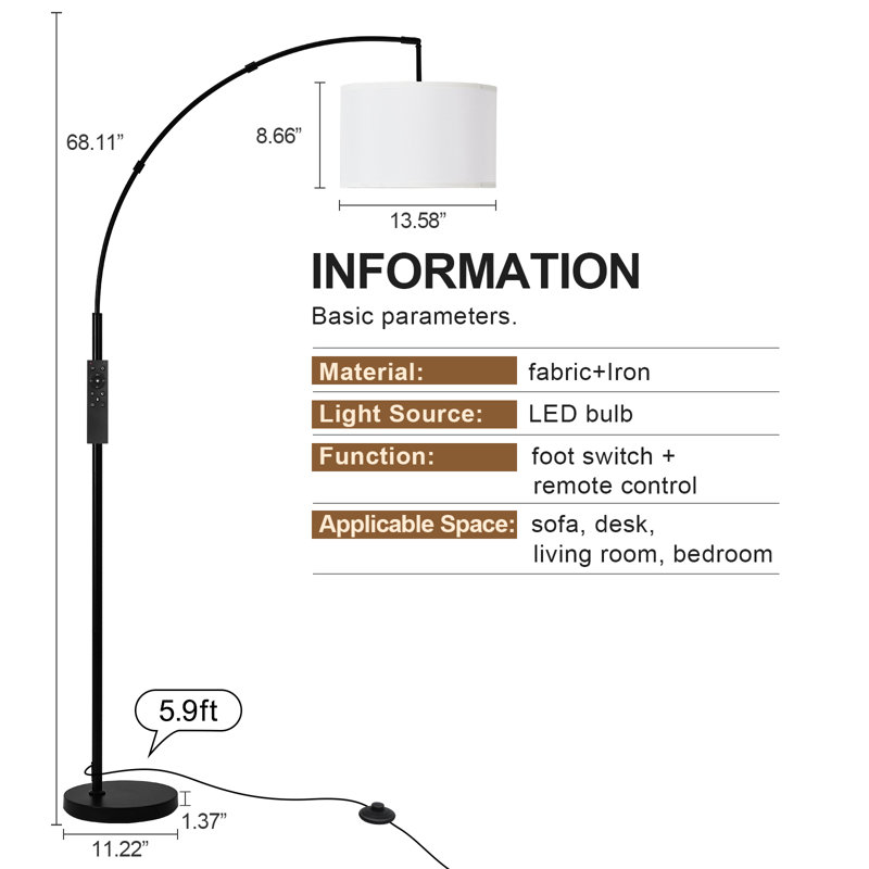 Lampe sur pied arquée à intensité variable 68,11 po avec télécommande Heinzdieter, Noir