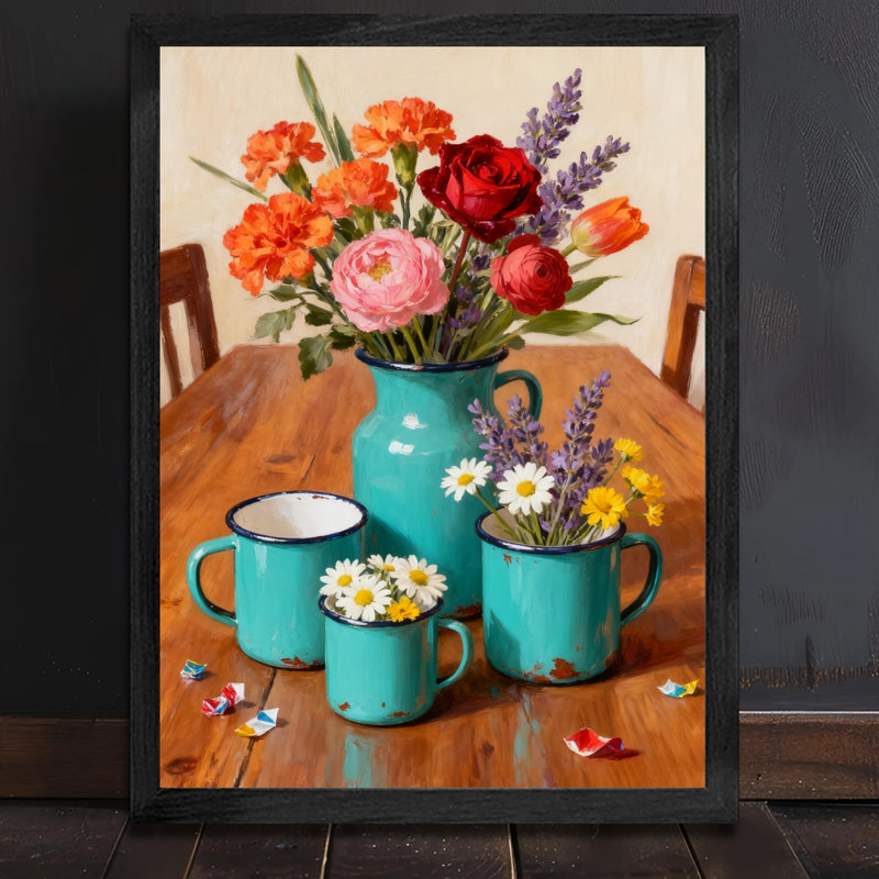 Art encadré noir, arrangement floral simple et rétro, impressions de style rétro, H 17 po x l 13 po