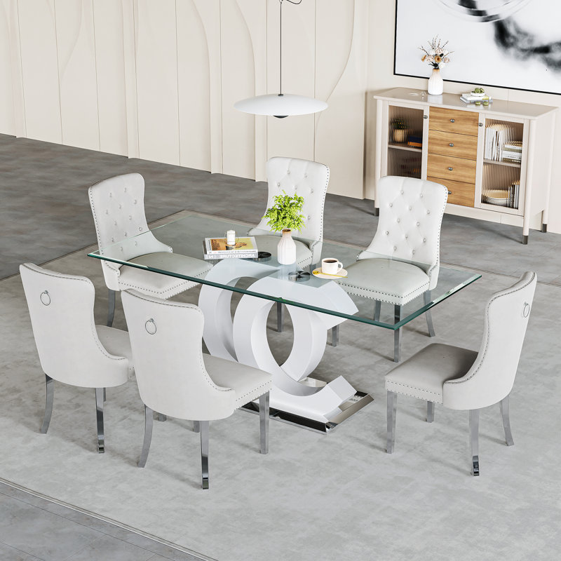 Ensemble repas, Blanc, Blanc / argenté, 7 pièces : table, 6 chaises