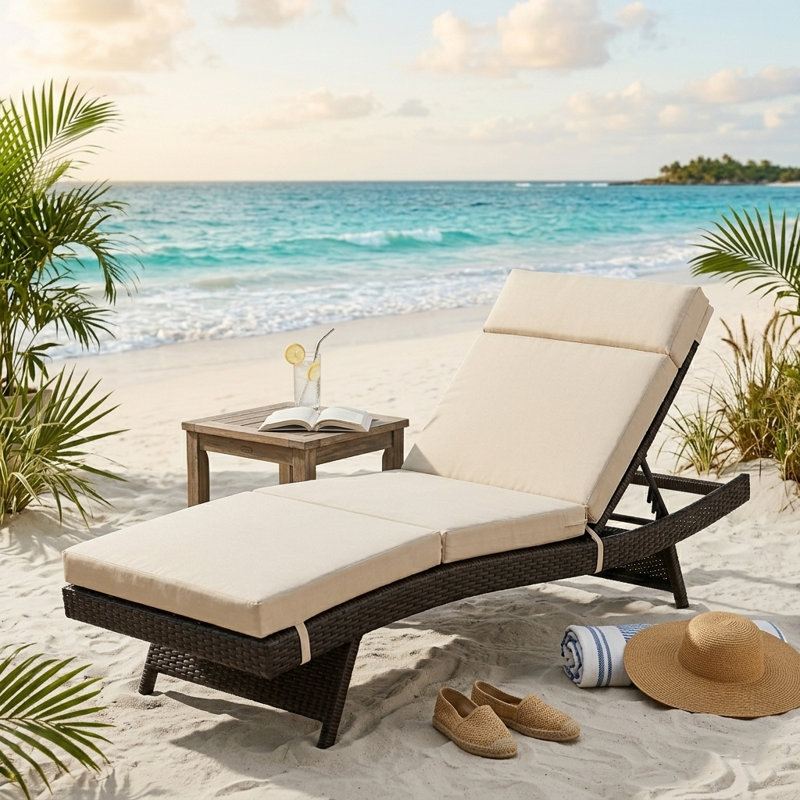 77'' Long Water-resistant Outdoor Chaise Lounge Cushion With Integrated Headrest, Beige