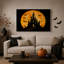 Silhouette de château noir avec chauves-souris et lune orange-1391161228