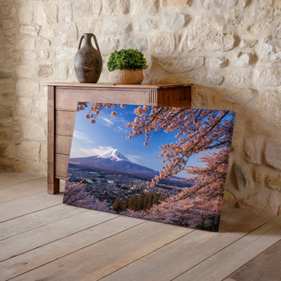 Toile, vue panoramique à couper le souffle sur le mont Fuji, art mural enneigé, sommet scintillant sous un ciel bleu clair