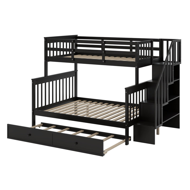 Lit simple superposé au dessus d'un lit double avec escalier et lit gigogne, Espresso