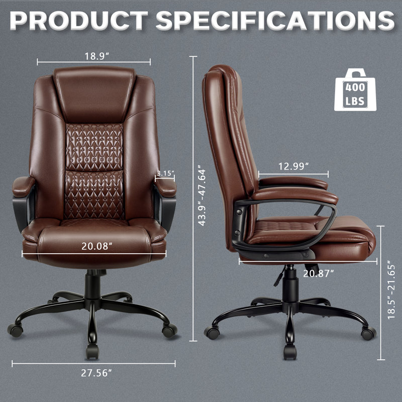 Chaise de bureau à domicile, conception robuste de 400 lb et de grande taille, dossier lombaire ergonomique à haut dossier