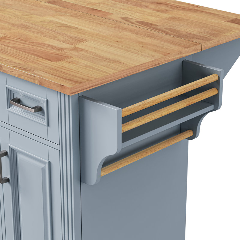 54" Large Traditional Kitchen Island With Rubber Wood Drop Leaf, 4 Doors And 3 Drawers, Gray