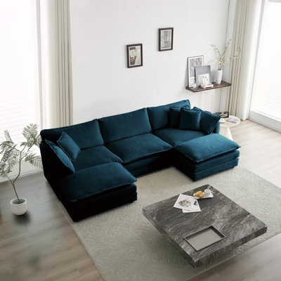 Canapé modulaire en U avec repose-pieds réversible, canapé d'angle convertible 5 places avec 2 repose-pieds, canapé doux et minimaliste moderne pour le salon, chenille bleue
