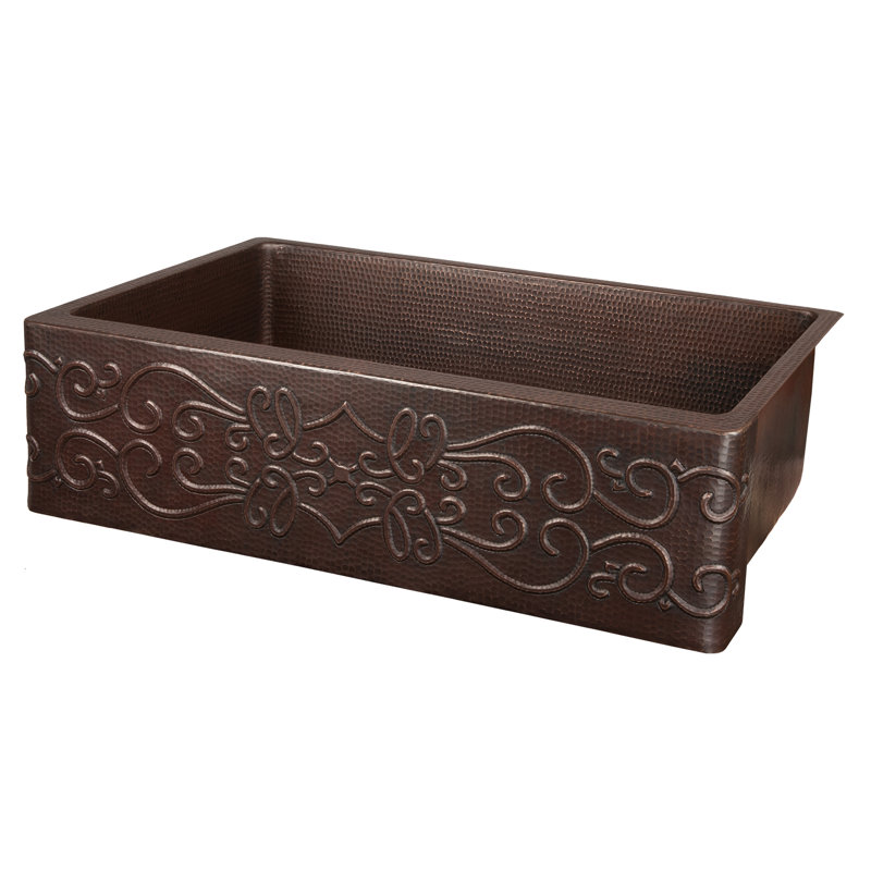 33" Hammered Copper Apron Front Single Basin Kitchen Sink w/ Scroll Design