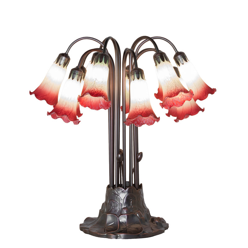 24" High Blue/White Tiffany Pond Lily 12 Light Table Lamp, Green/Red
