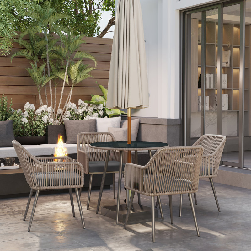 Light Brown 4 Seater Rattan Garden Dining Set With Cushions And Glass Table