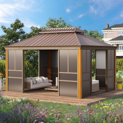 14 x 12 FT Wood Grain Sunroom Gazebo, Fully Enclosed Outdoor Solarium with Galvanized Steel Double Roof, Aluminum Frame, Sliding Doors & Slideable PE Screen Windows, Hardtop Sunroom for Patio, Backyard, Deck & Hot Tub