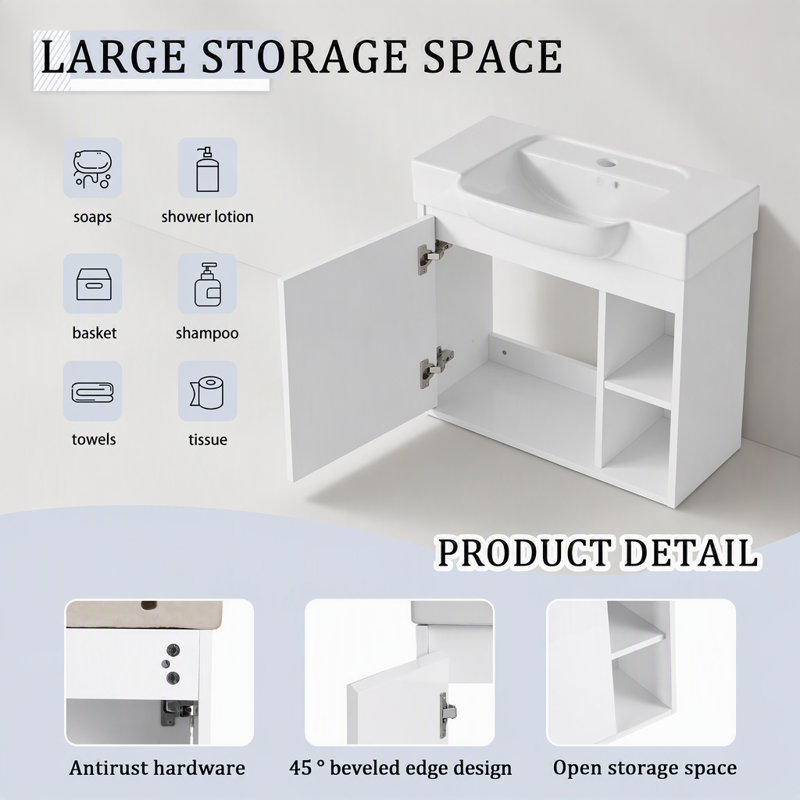 Meuble-lavabo mural 24 po avec lavabo en céramique blanche et porte à fermeture en douceur, emballage KD, blanc brillant, 24"