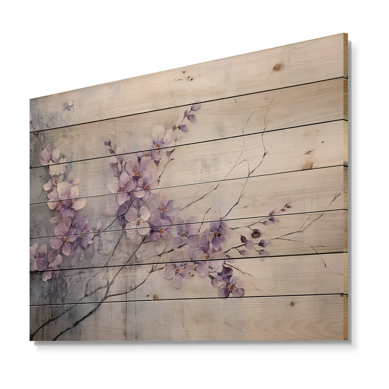 Purple Minimalism Violets - Violets Wood Panel Wall Art On Natural Pine Wood, 24" H x 32" W