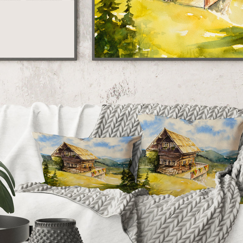 Rectangle, paysage paisible avec un vieux chalet en été - Coussin décoratif traditionnel