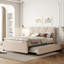 Élégant lit plateforme tapissier avec tête de lit à motif brique et lin beige, lit gigogne inclus