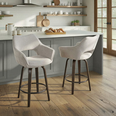 Sarah Fixed-Height Fabric Bar & Counter Stool with Bent Wood Legs & Round Footrest