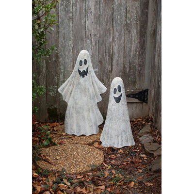  Set of 2 Painted Metal Ghost Yard Decor 35" H Grey Halloween Yard Display Figures