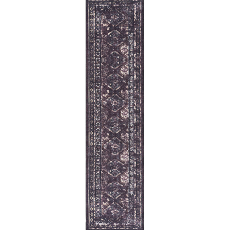 Low-Pile Washable Area Rug Runner 2'6''X10', Non-Slip For Dining Room, Bedroom, Living Kitchen - Non-Shedding Black + Burgundy