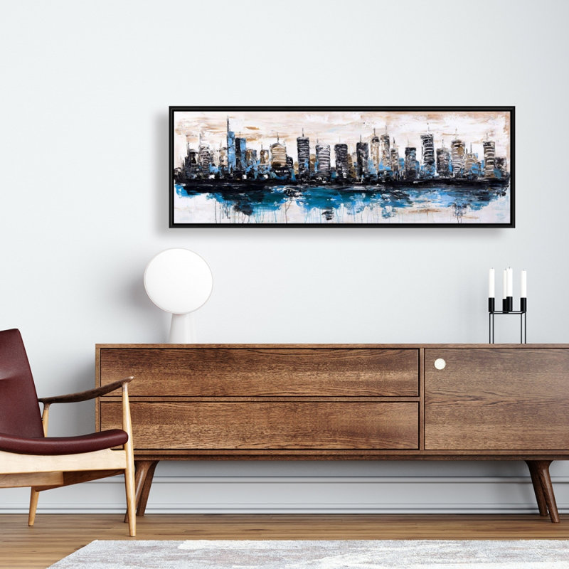 «Abstract City on Water» - Toile avec cadre bleu | Décoration intérieure