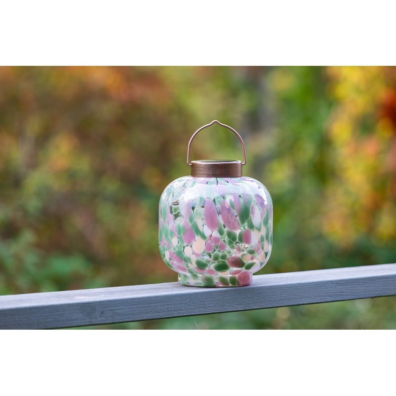 Lanterne de chalet solaire en verre soufflé à la main 7,25 po - Jardin d'été, Rose / Vert