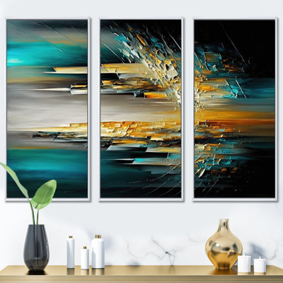 Abstrait géométrique vert et jaune - 3 pièces sur toile