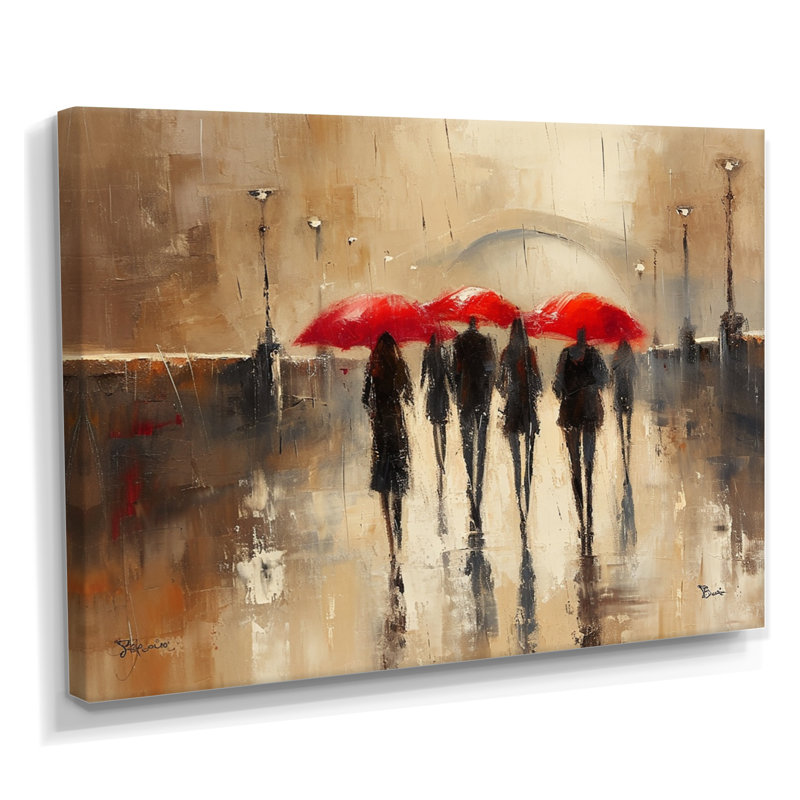 Les parapluies rouges, jour de pluie, pont sur la seine I - City Paris Wall Art Living Room, Toile tendue, H 24 po x l 32 po