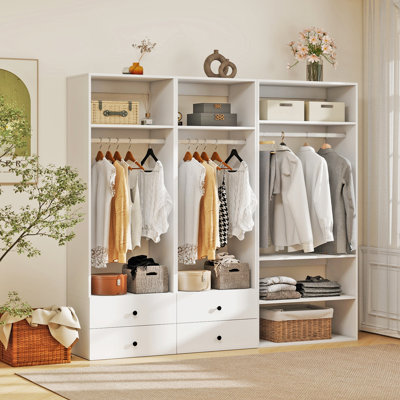 Système d'organisation modulaire blanc avec 3 tringles, 5 tablettes et 4 tiroirs