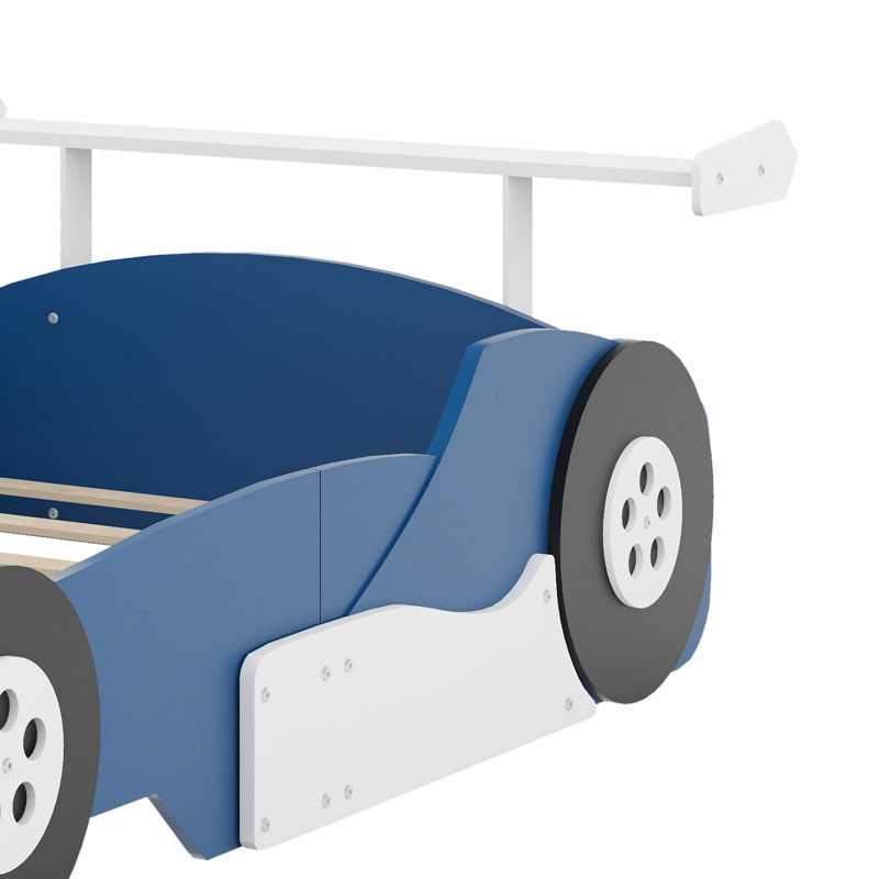 Lit plateforme en forme de voiture de course avec roues, Bleu