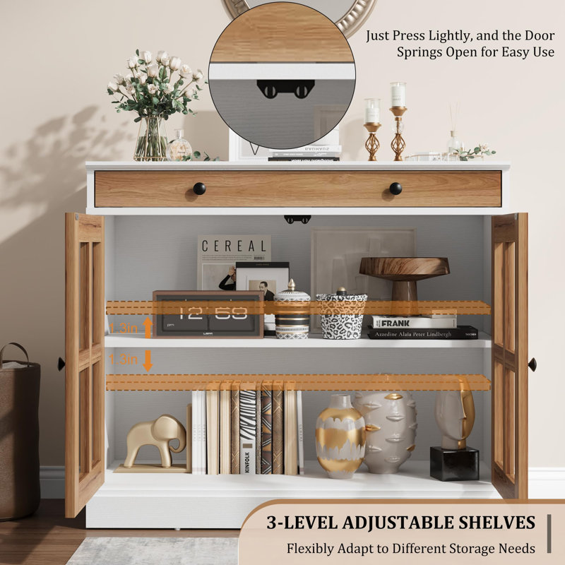 35.4 in Sideboard Buffet Cabinets with Glass Door, Buffet Cabinet with Storage, White Sideboard Cabinet with Drawer