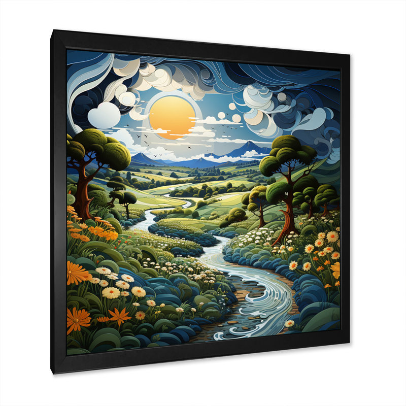 Campagne, rivière sinueuse I - impression, H 30 po x l 30 po x P 1 po, Cadre simple noir