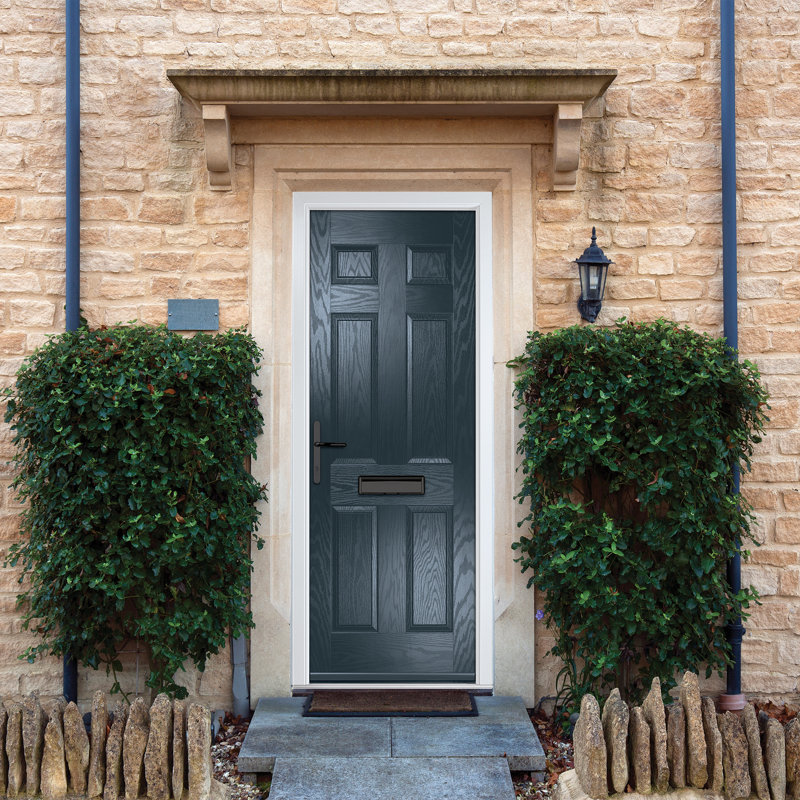 Crystal GRP Front door Muirfield solid Agate Grey 890mm x 2090mm Open in Left hand None Glass, Right, Anthracite Grey