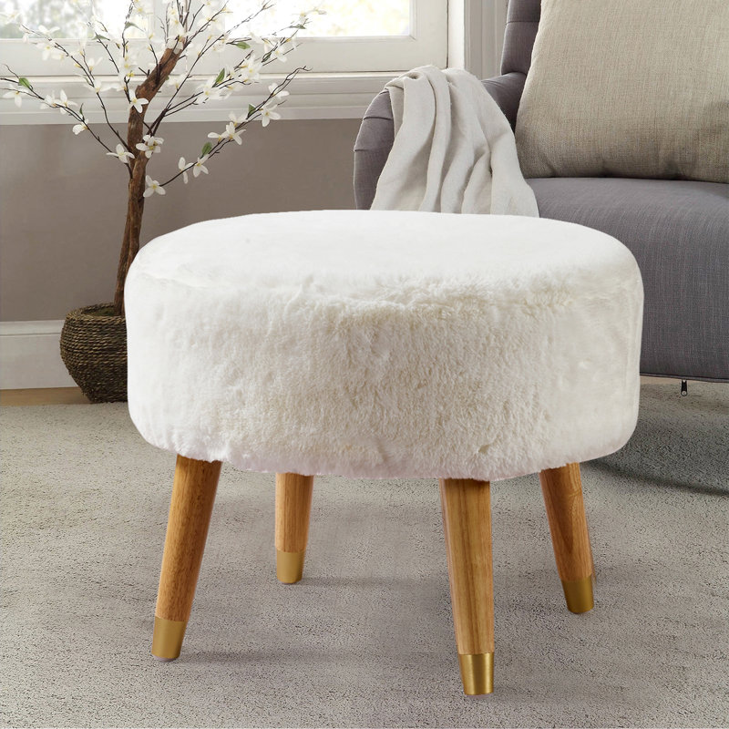 Weisser Upholstered Ottoman, Bright White Faux Fur