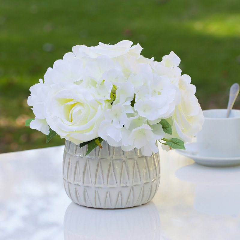 Faux Silk Hydrangea Arrangement in Pot, Cream