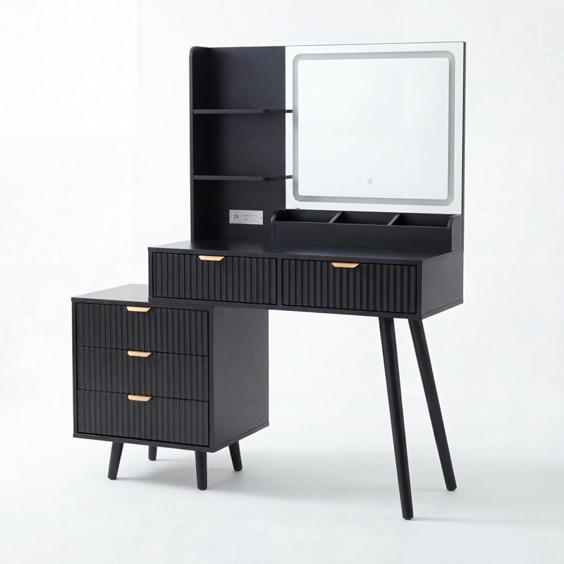 Makeup Vanity Desk with Lighted Mirror and Power Outlet 5 Drawers Dressing Table with 3 Color Lighting and Storage Shelves for Bedroom