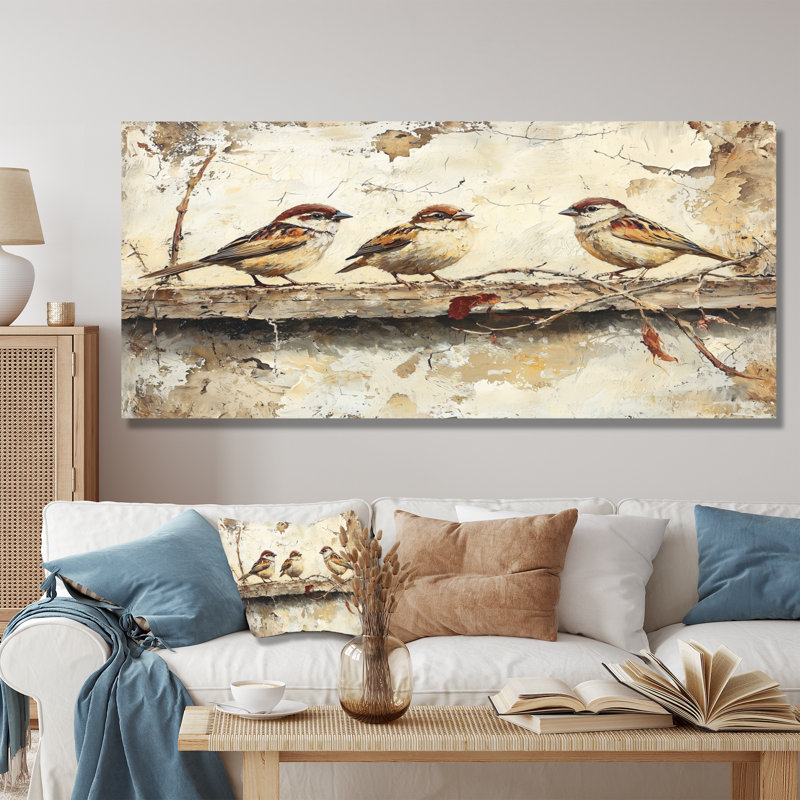 Bird Sparrows By The Farm House - bird Large Wall Art, Framed Wrapped Canvas, 28" H x 60" W, Does Not Apply